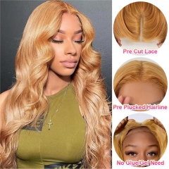 【#27 Honey Blonde】Wear Go GLUELESS 5x5 Pre-cut HD Lace Closure Wig Preplucked & PreBleached Knots Breathable Airy Cap