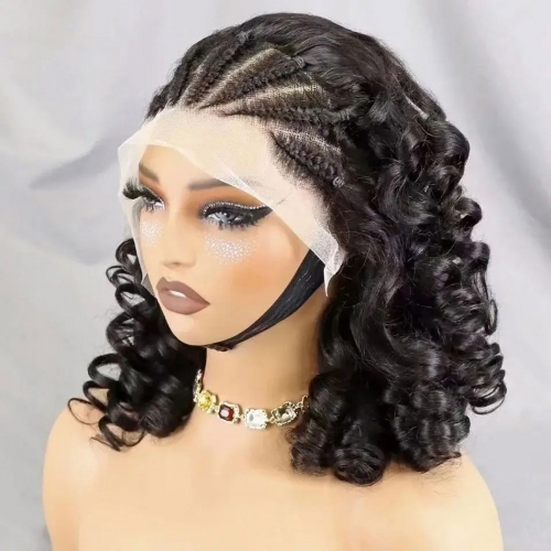 13x4 Loose Wave Lace Frontal Bob Wig with Braids for Black Women Brazilian Virgin Human Hair Wig