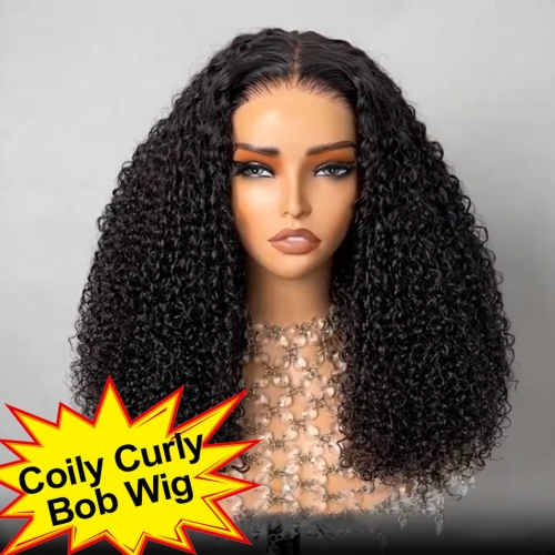 3C/4A Coily Kinky Curly 13x4 HD Lace Frontal Bob Wig Natural Bouncy Curls Invisible Knots 250% Density