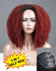 【3 IN 1 HALF WIG】Red Color GLUELESS Invisible Half Wig Kinky Curly For Blackwomen Clip In Protective Styles