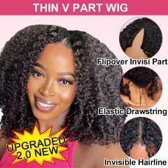 【Invisi Contour Edge】Kinky Curly V Part Wig Thin Hand Tied No Weft with Elastic Drawstring Glueless Wig