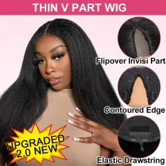 【Invisi Contour Edge】Kinky Straight V Part Wig Thin Hand Tied No Weft with Elastic Drawstring Glueless Wig