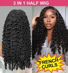 【3 IN 1 HALF WIG】GLUELESS Invisible Half Wig Burmese French Curls For Blackwomen Clip In Protective Styles Human Hair