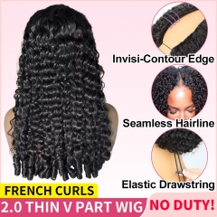 【Invisi Contour Edge】French Curls V Part Wig Thin Hand Tied No Weft with Elastic Drawstring Glueless Wig with Spiral Coily Ends