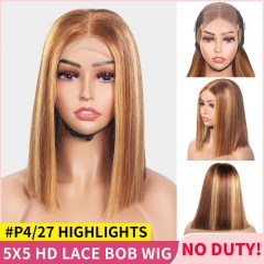 【Bone Straight Double Drawn】#P4/27 Highlights 5x5 HD Lace Closure Bob Wig Pre Plucked With Natural Hairline Short Bob For Black Women