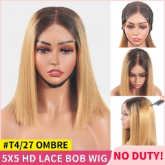 【Bone Straight Double Drawn】#T4/27 Highlights 5x5 HD Lace Closure Bob Wig Pre Plucked With Natural Hairline Short Bob For Black Women