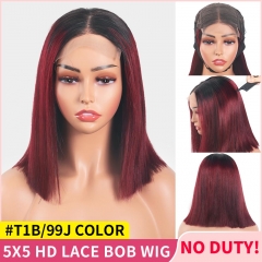 【Bone Straight Double Drawn】#T1B/99J Highlights 5x5 HD Lace Closure Bob Wig Pre Plucked With Natural Hairline Short Bob For Black Women