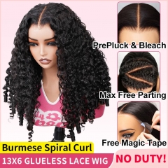 【13x6 GLUELESS+Ear Tape】Burmese Spiral Curls 3D 13x6 HD Lace Wig Max Parting Ear-to-Ear Full Frontal PreBleached Knots