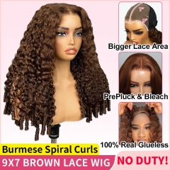 【Bye Bye Knots GLUELESS】Brown Burmese Spiral Curls 9x7 HD Lace Closure Wig Parting Max PrePlucked PreBleached Knots
