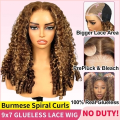 【Bye Bye Knots GLUELESS】P4/27 Highlight Burmese Spiral Curls 9x7 HD Lace Closure Wig Parting Max PrePlucked Hairline PreBleached