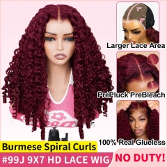 【Bye Bye Knots GLUELESS】#99J Burmese Spiral Curls 9x7 HD Lace Closure Wig Parting Max PrePlucked Hairline w/Spiral Coily Ends