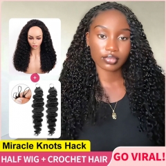 Miracle Knots Hack Half Wig with Crochet Human Hair Burmese Curly – Easy Protective & Natural Look