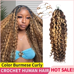 【Colored Miracle Knots Crochet Hair】Burmese Curly Knotless Crochet Braids Human Hair Pre-looped Extensions Protective & Easy Install