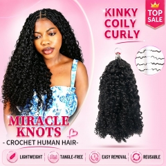 【Miracle Knots Crochet Hair】Kinky Coily Curly Knotless Crochet Braids Human Hair Pre-looped Extensions Lightweight & Reusable