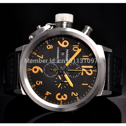 50mm Parnis Big Face black dial orange makrs day date mens quartz