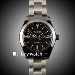 40mm parnis black dial orange marks automatic sapphire glass date window 316L stainless steel mens watch