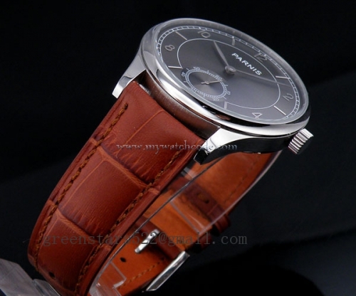 44mm parnis gray dial ST asia 6498 Mechanical manual wind brown leather strap mens watch P31