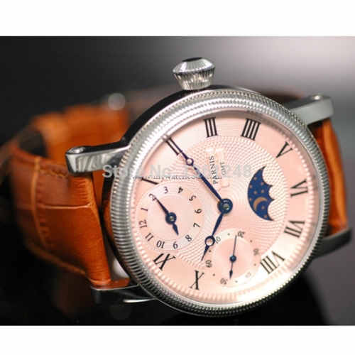 42mm parnis pink dial GMT Moon Phase hand winding movement mens watch PA061