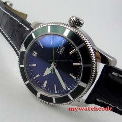 46mm no logo black dial green bezel leather sub automatic mens wrist watch P513