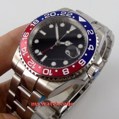 40mm parnis black dial GMT red blue Bezel date window automatic mens watch P443