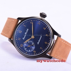 parnis blue dial black PVD case 6497 movement hand winding mens wrist watch 506