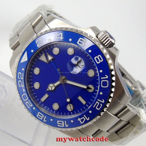 43mm parnis blue dial GMT Ceramic Bezel sapphire glass automatic mens watch P518