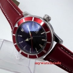 46mm no logo black dial red bezel date window sub automatic mens wrist watch 472