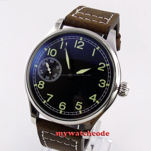 44mm parnis black dial 6497 movement leather strap hand winding mens watch P361