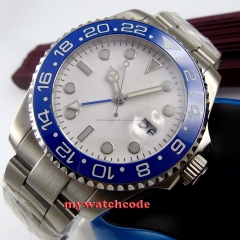 parnis white dial blue ceramic bezel GMT sapphire glass automatic mens watch 357
