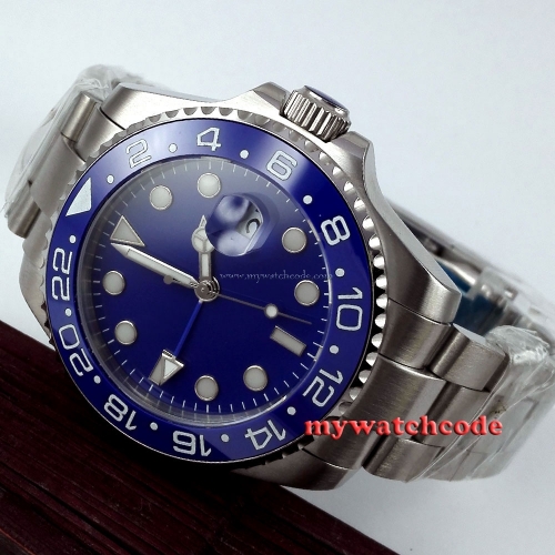 43mm parnis blue dial sapphire glass GMT date automatic mens watch P382