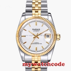 Two tone date just 36mm Parnis silver dial gold marks Sapphire glass 21 jewels Miyota automatic mens watch P389