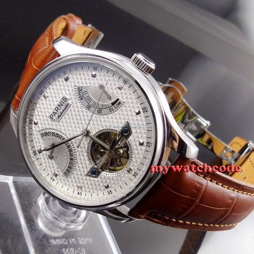 43mm parnis white dial brown strap power reserve ST automatic mens watch413