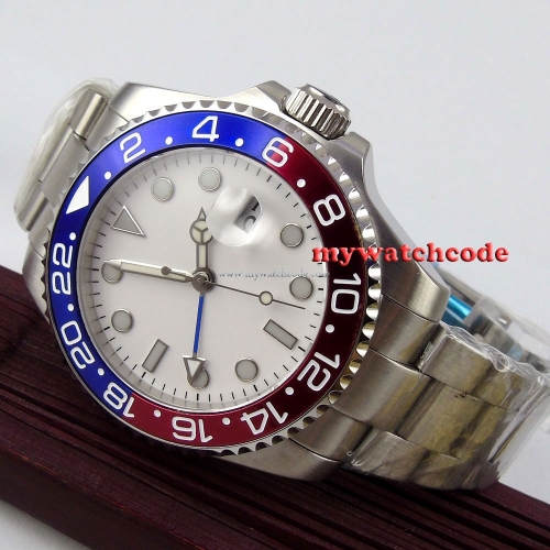 43mm parnis white dial blue luminous GMT sapphire glass automatic mens watch 356