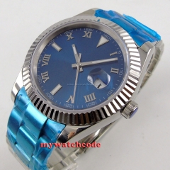 40MM parnis blue dial Roman numeral automatic movement mens watch 333