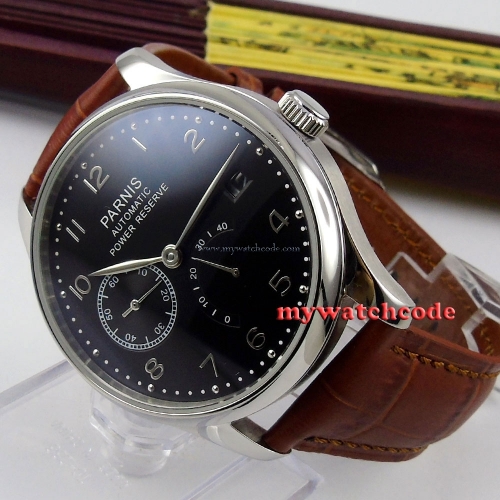 parnis black dial power reserve brown leather strap automatic mens watch 207B