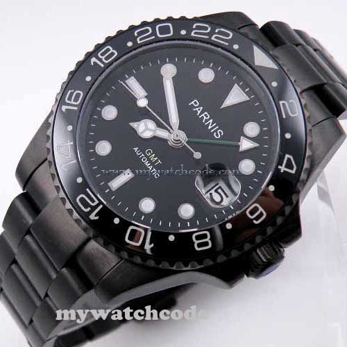 40mm parnis black dial PVD GMT sapphire glass automatic mens watch 200