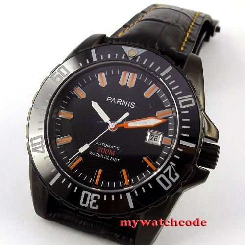 Parnis black dial Ceramic bezel 20atm automatic mens leather diving watch P186