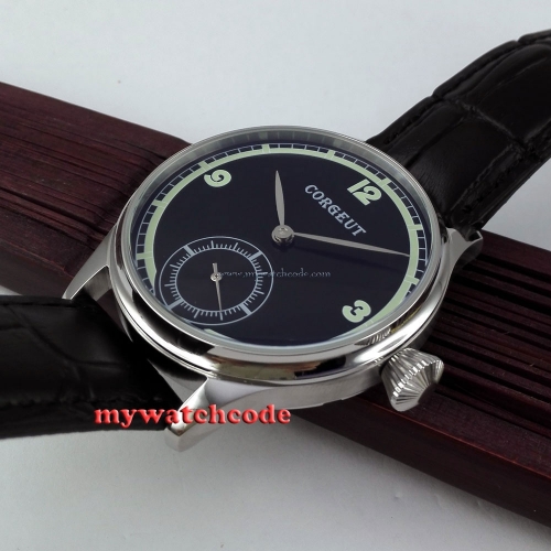 44mm Corgeut black dial luminous 6498 hand winding movement mens wrist watch P11