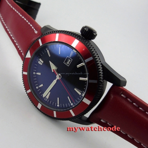 46mm black sterile dial red strap PVD case automatic movement mens watch 22