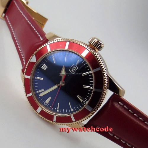 46mm no logo black dial red bezel rose golden case sub automatic mens watch 15