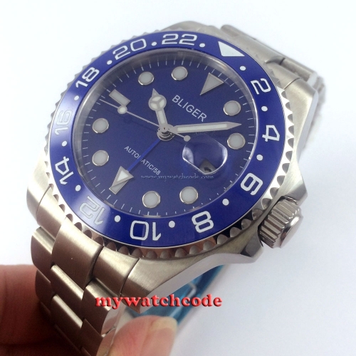 43mm bliger GMT blue dial ceramic Bezel sapphire glass automatic mens watch B4