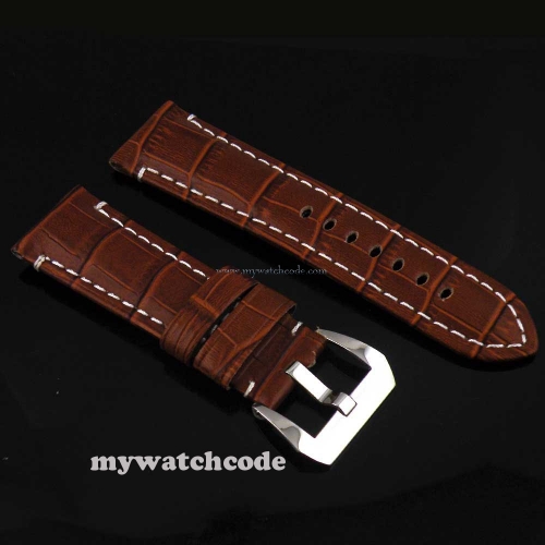 24mm Croco Grain Matte brown Watch Strap Black Stitches fit parnis watch s004