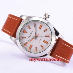 40mm Parnis white dial leather strap Sapphire glass automatic mens watch P201