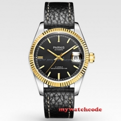 36mm Parnis black dial Sapphire glass leather Miyota automatic mens watch P519
