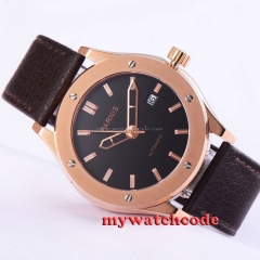 43mm Parnis black dial golden case ST automatic leather mens wristwatch 528