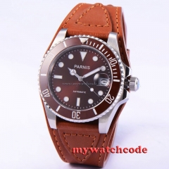 40mm Parnis coffee dial leather strap Sapphire glass automatic mens watch P174