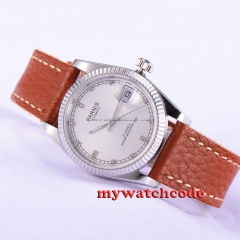 36mm Parnis silver dial Sapphire glass 21 jewels Miyota 821A automatic mens watch leather strap 535