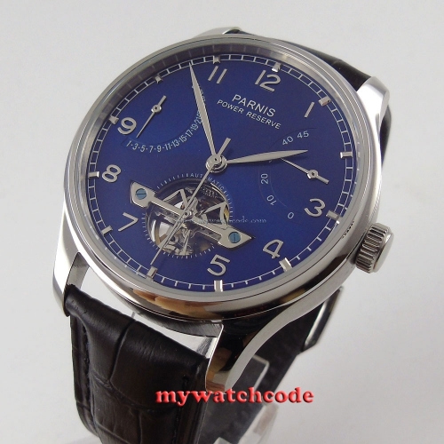 43mm parnis blue dial black strap power reserve ST automatic mens watch 547