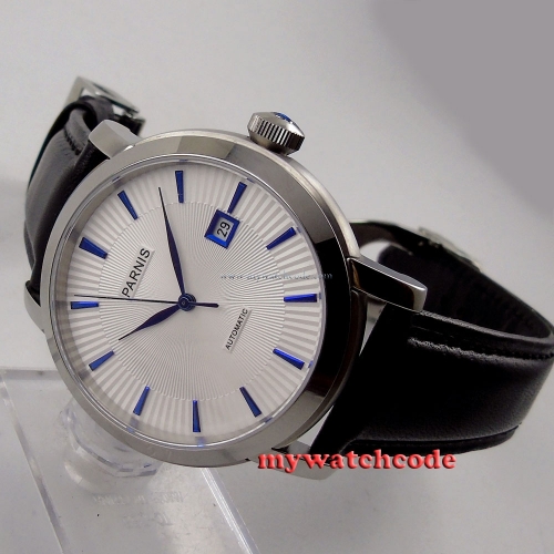41mm parnis white dial date blue marks miyota 8215 automatic mens watch P554