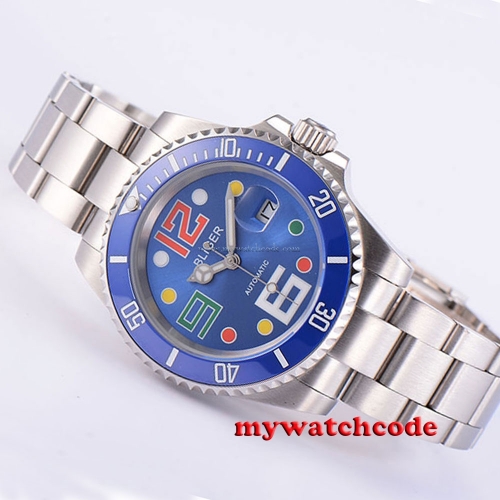 40mm Bliger blue dial colorized mark sapphire date automatic movement mens watch